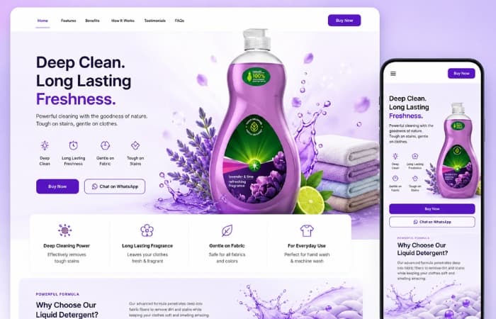 Product Landing Page for Liquid Detergent Brand
