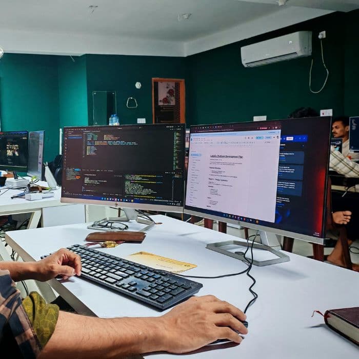 Custom software development dashboard and coding illustration